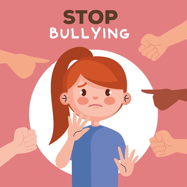 Stop bullying and hands pointing at sad girl kid , violence victim bully and social theme  illustration