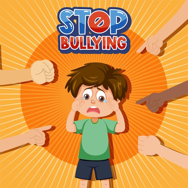 Stop Bullying text with kid surrounded by pointing fingers