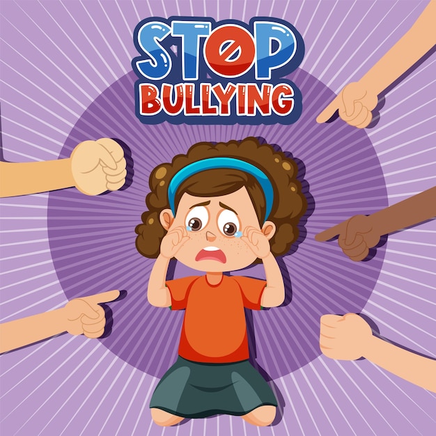 Vector stop bullying text with kid surrounded by pointing fingers