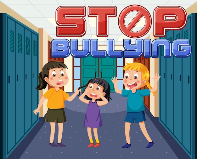 Vector stop bullying text with school kids