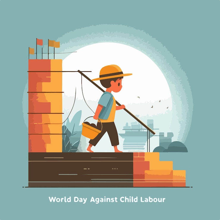 Vector stop child labour day concept with a child working world day against child labour