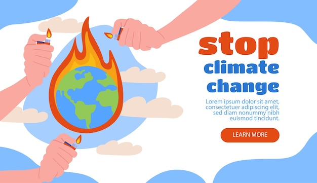 stop climate change poster people with burning matches near planet care about ecology and