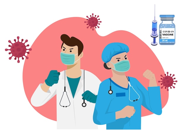 코로나 바이러스 중지 남자 의사와 여간호사 영웅은 추가 감염에 대한 백신을 사용하여 코로나 바이러스와 싸웁니다