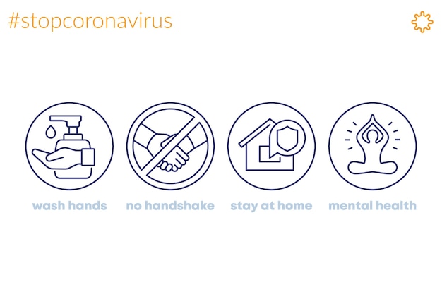 Fermare il coronavirus, icone della linea di consigli, lavarsi le mani, restare a casa