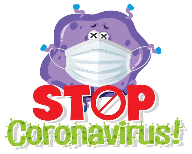 Ferma il banner di coronavirus con il personaggio del virus che indossa una maschera medica
