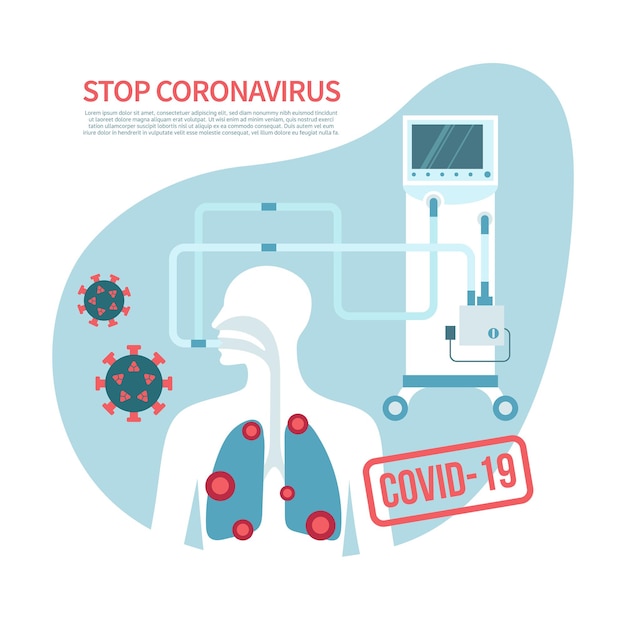 Ferma il banner vettoriale piatto del coronavirus con lo spazio della copia ventilazione meccanica torace con danni ai polmoni