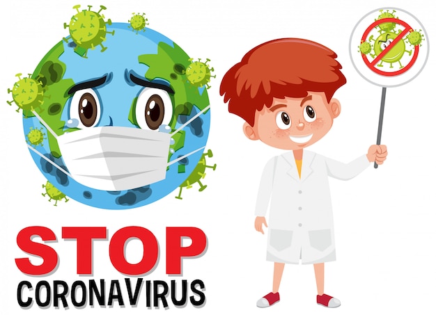 Ferma il logo del coronavirus con il personaggio dei cartoni animati della maschera che indossa la terra e il medico che tiene il segno di avvertimento del coronavirus