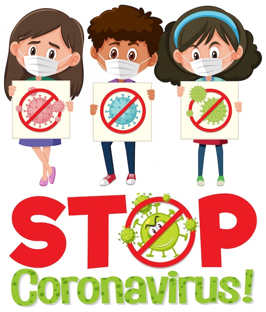 Логотип stop coronavirus с тремя подростками, держащими знак stop coronavirus