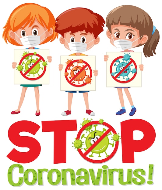 Stop coronavirus logo con tre adolescenti che tengono il segno stop coronavirus