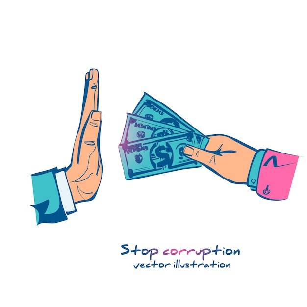 Stop corruption sketch icon. Vector illustration, flat design style. Bribery concept. Offering a bribe. Refusing a gesture. Reject hand gesture.