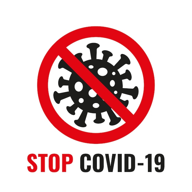 Stop covid 19 black virus icon with red prohibit sign