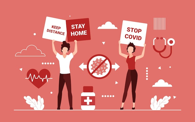 Stop covid corona virus concept with cartoon people