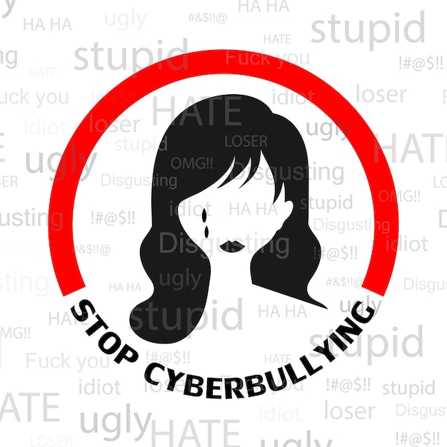 ネットいじめをやめるメッセージいじめを含む悲しい女性のシルエットのロゴ