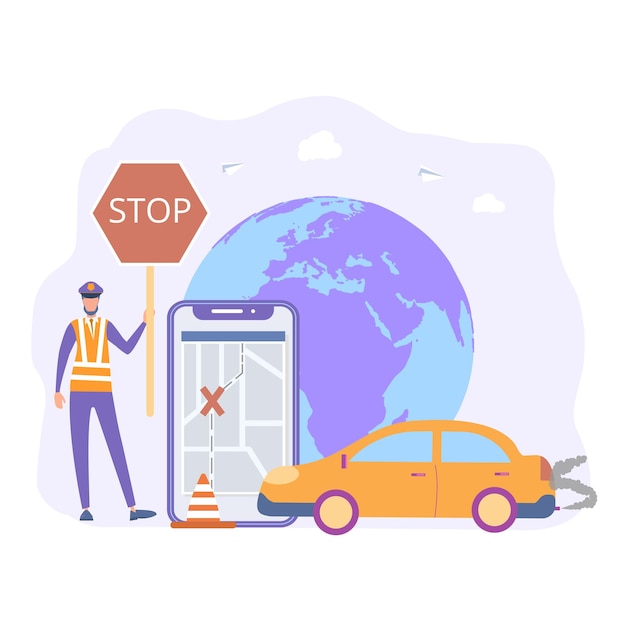 Stop detour traffic accident road safety violation penalty car accident A policeman blocked the road Traffic Laws Colorful vector illustration