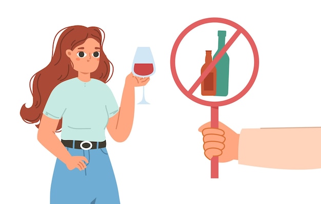 Vector stop drinking concept young girl hold glass of wine drunk woman bad habit alcohol addiction adult character unhealthy lifestyle vector scene