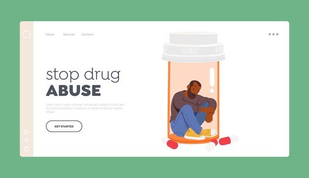 Arresta il modello della pagina di destinazione dell'abuso di droghe uomo depresso seduto all'interno della bottiglia con compresse mediche
