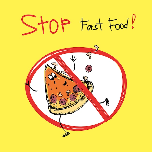 Stop fast food pezzo di pizza disegno a mano illustrazione vettoriale