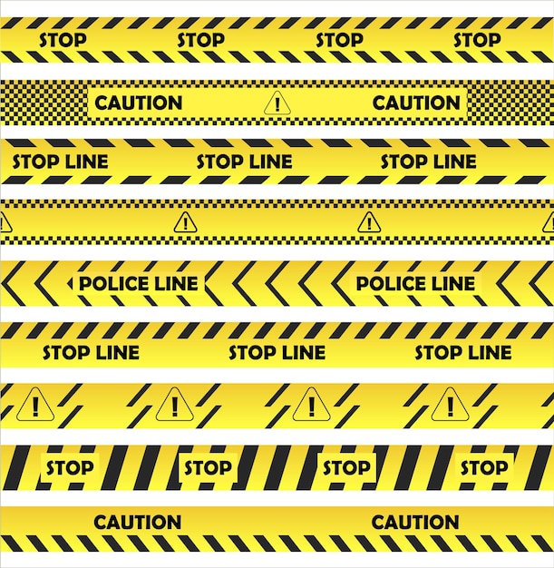 Stop on floor stripes set vector restrictive tape stickers in yellow with stripes to separate people police line is text on seamless tapes barricade barrier line