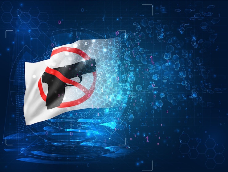 Vector stop gun vector 3d flag on blue background with hud interfaces