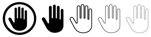Stop hand icoon Set van hand iconen Zwarte silhouet van de hand in platte stijl geïsoleerd op een witte