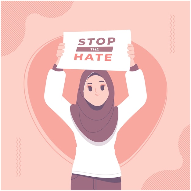 Stop hate hijab girl holding paper illustration background