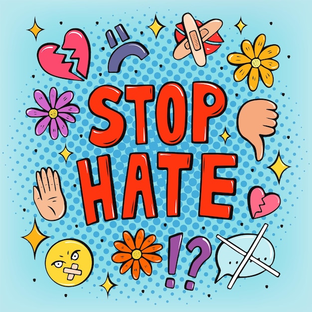 Stop hate pop art poster with emojis
