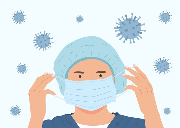 Stop het coronavirus. Vrouw als dokter of verpleegster. Coronavirus uitbraak illustratie. Pandemisch medisch concept met gevaarlijke cellen.