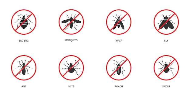 Stop insect pictogrammenset Ongediertebestrijding pictogrammen instellen Plagen silhouetten Bed bug mug wesp vliegen mier mijt voorn en spin symbolen platte vectorillustratie