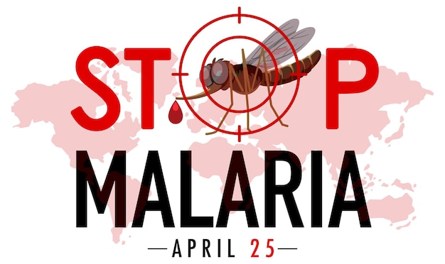 Ferma il logo o il banner della malaria con la zanzara sullo sfondo della mappa del mondo