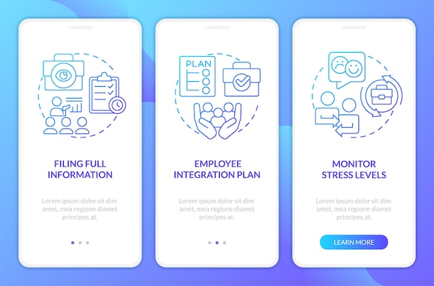 Stop massale uittocht op het werk blauwe gradiënt onboarding mobiele app-scherm