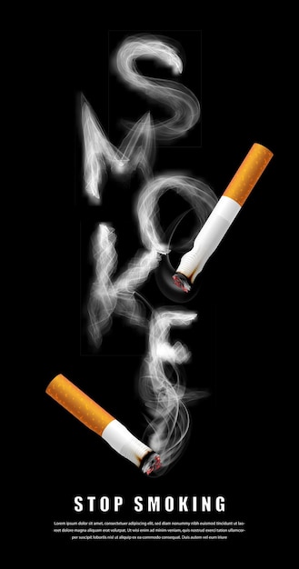 Stop met roken campagne illustratie geen sigaret voor gezondheid sigarettenrook letters op zwarte achtergrond
