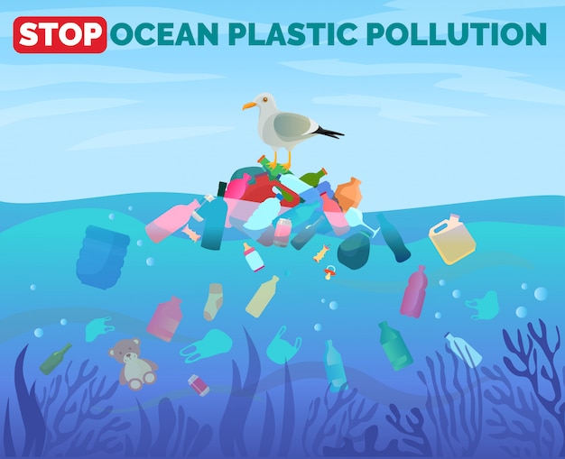 Stop oceaan plastic vervuiling poster met stapel vuilnis in water