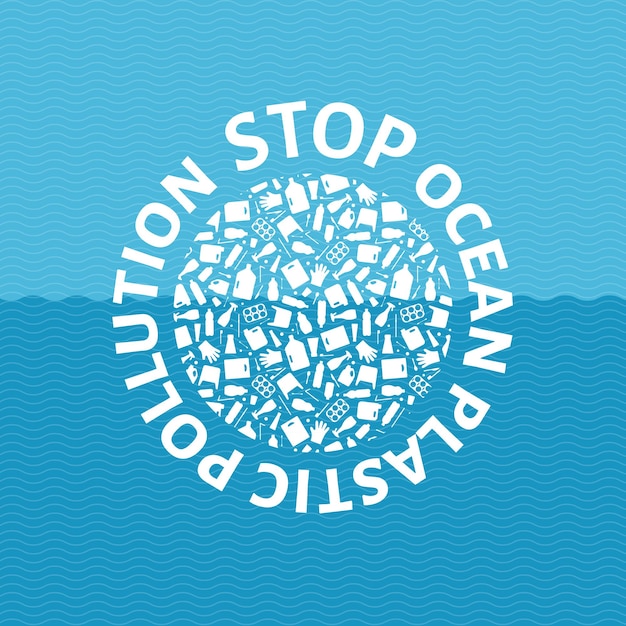 プラスチックゴミフラットで満たされた海洋プラスチック汚染概念ベクトルイラストサークルグローブを停止します