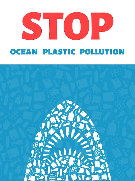 Vector stop ocean plastic pollution concept vector illustration killer shark outline filled with plastic