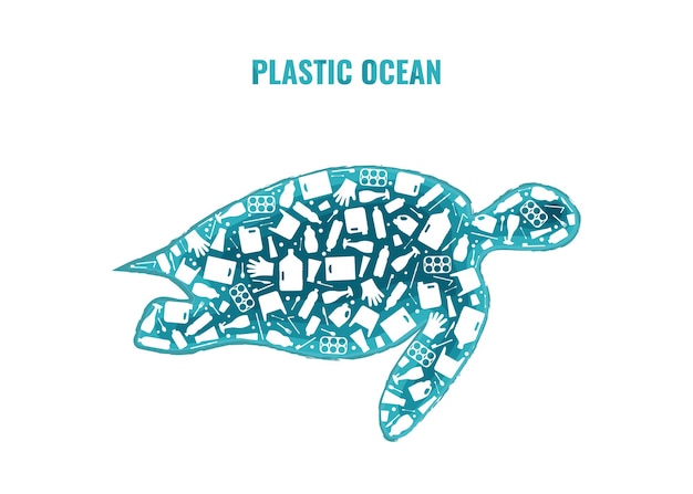 Stop ocean plastic pollution concept vector illustration. turtle marine reptile silhouette