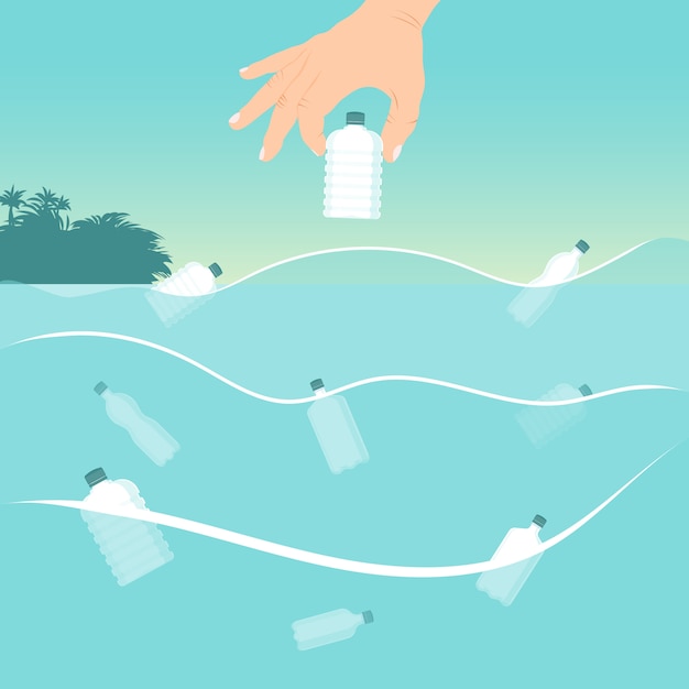 해양 플라스틱 오염을 중지하십시오. 해양의 플라스틱 폐기물에 대한 항의. 해양 오염으로부터 생태를 보호하십시오.