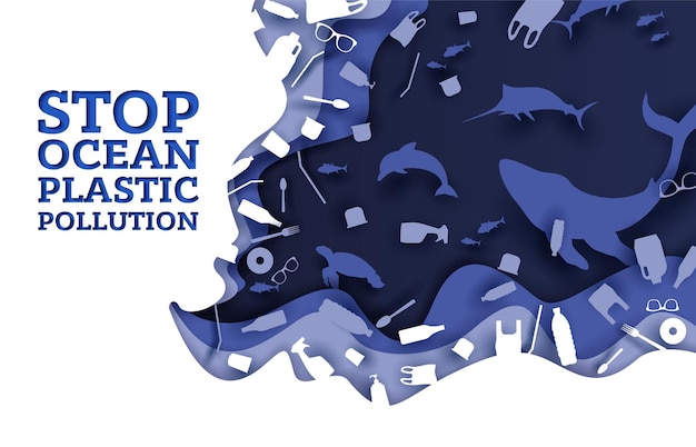 Stop ocean plastic pollution vector paper cut illustration