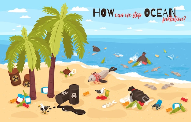 Vector stop ocean pollution illustration plastic bottles garbage and barrels of hazardous waste washed up on seashore