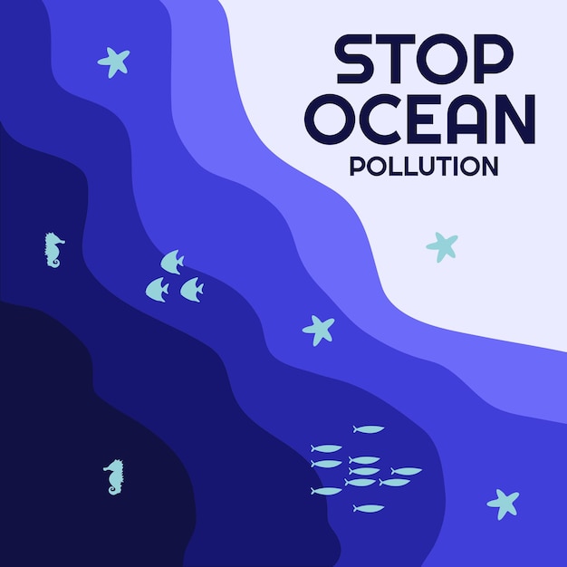 바다 오염을 막는 포스터 디자인 템플릿 수중 배경 터로 계층화 된 종이 절단