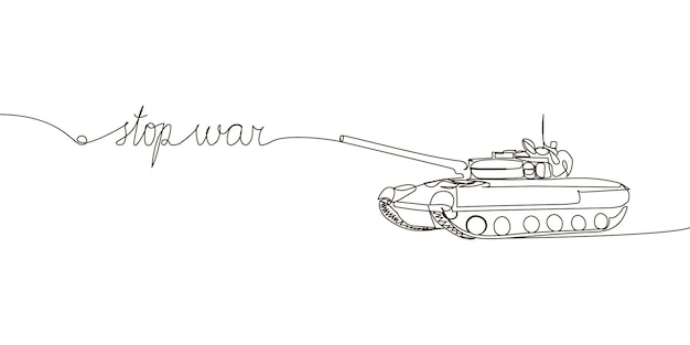 Vector stop oorlog doorlopende lijntekening een lijntekening van engelse handgeschreven letters met wensen van vrede en militaire tank gepantserde personeelsdrager infanterie gevechtsvoertuig