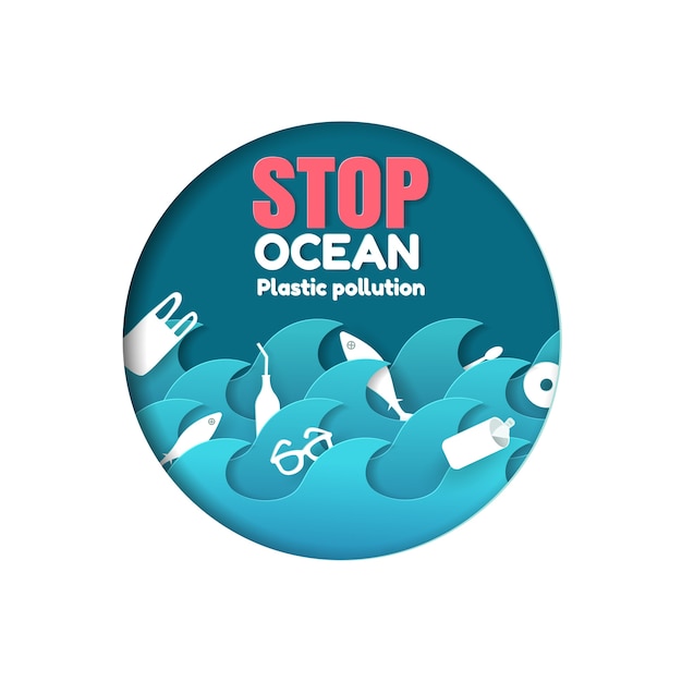 Stop plastic vervuiling van de oceaan met zeedieren en plastic pictogram in de oceaan, papercut-stijl.