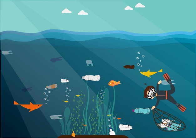 Vector stop plasticvervuiling verminder hergebruik recycle scuba-duiker die plastic afval uit de oceaan schoonmaakt vectorillustratie