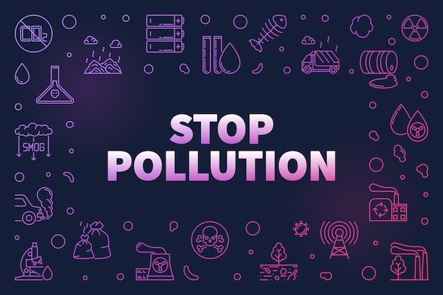 Stop Pollution thin line colored horizontal Frame Vector illustration