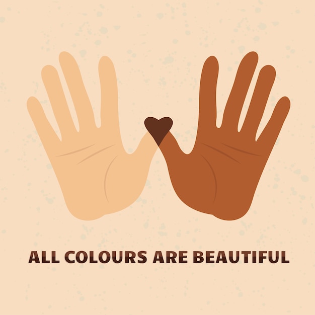 Vector stop racism. black lives matter, we are equal. different skin colors hands. no racism concept. flat style. different skin colors. supporting illustration.