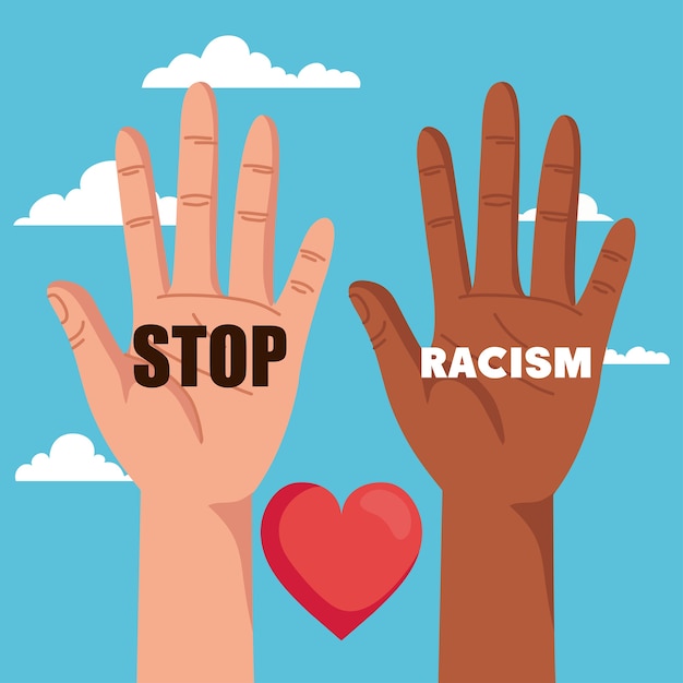 Stop racism, with hand and heart and clouds on background, black lives matter concept