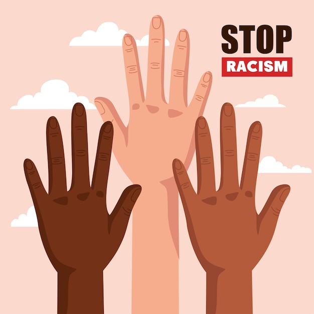 Stop racism, with hands and cloud on, concept of black lives matter illustration design