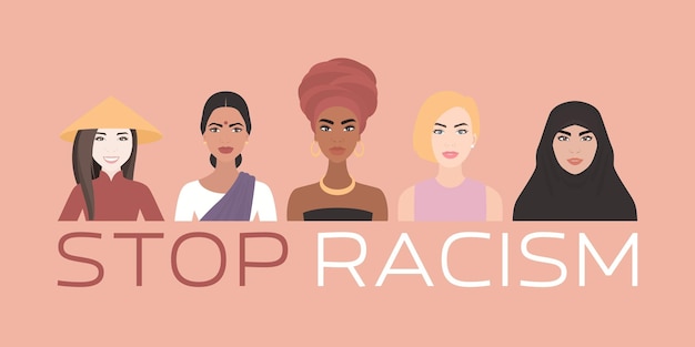 Stop racisme Banner Vector achtergrond met verschillende nationaliteiten en rassen Vrouwen in vlakke stijl Solidariteit Mensen en vrouwenrechten Concept Feminisme Racisme Protest Rebellenrevolutie Plackard