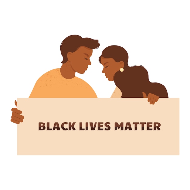 Stop racisme. Zwarte levens zijn belangrijk, we zijn gelijk. Geen racisme-concept. Jonge Afro-Amerikaanse activisten tegen racisme. Vlakke stijl. Verschillende huidskleuren. Ondersteunende illustratie.