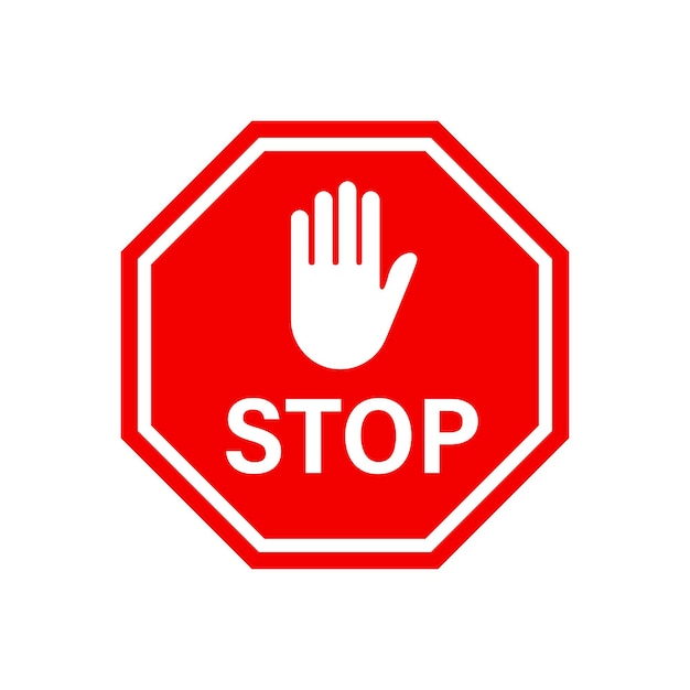 Stop red road sign. Vector isolated illustration. Red vector sign with hand symbol isolated on white background. EPS 10