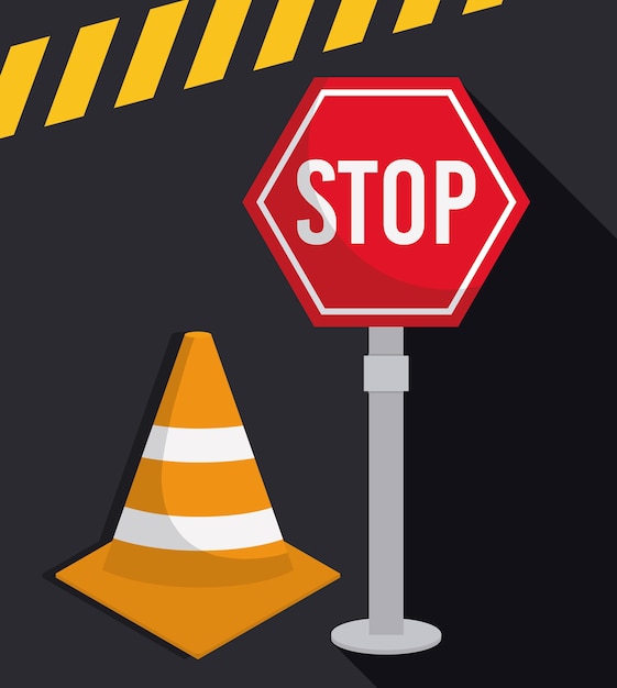 Vector stop sign and caution cone icon